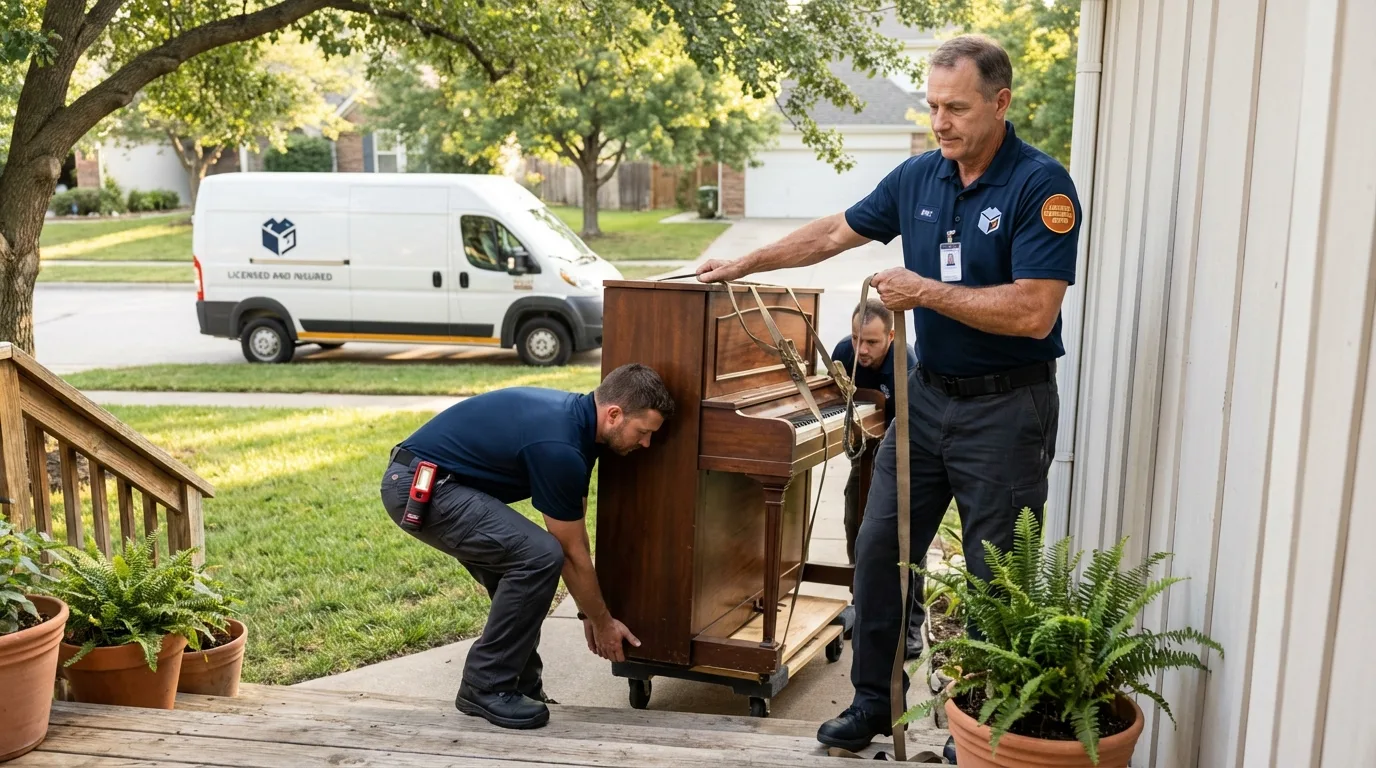 Licensed piano movers securing grand piano in Richton Park, IL