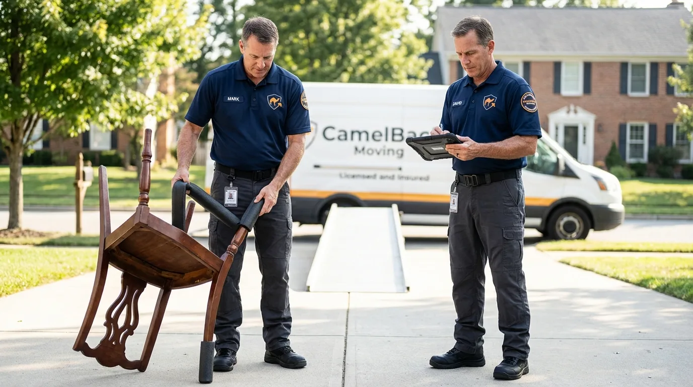 Movers inspecting furniture for damage prevention before loading in Richton Park, IL