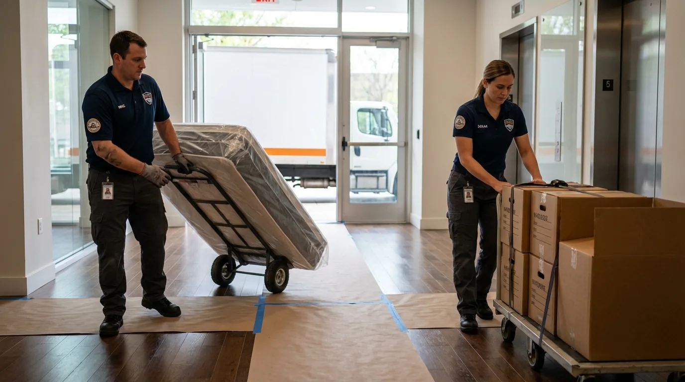 Professional apartment movers loading elevator in Richton Park, IL